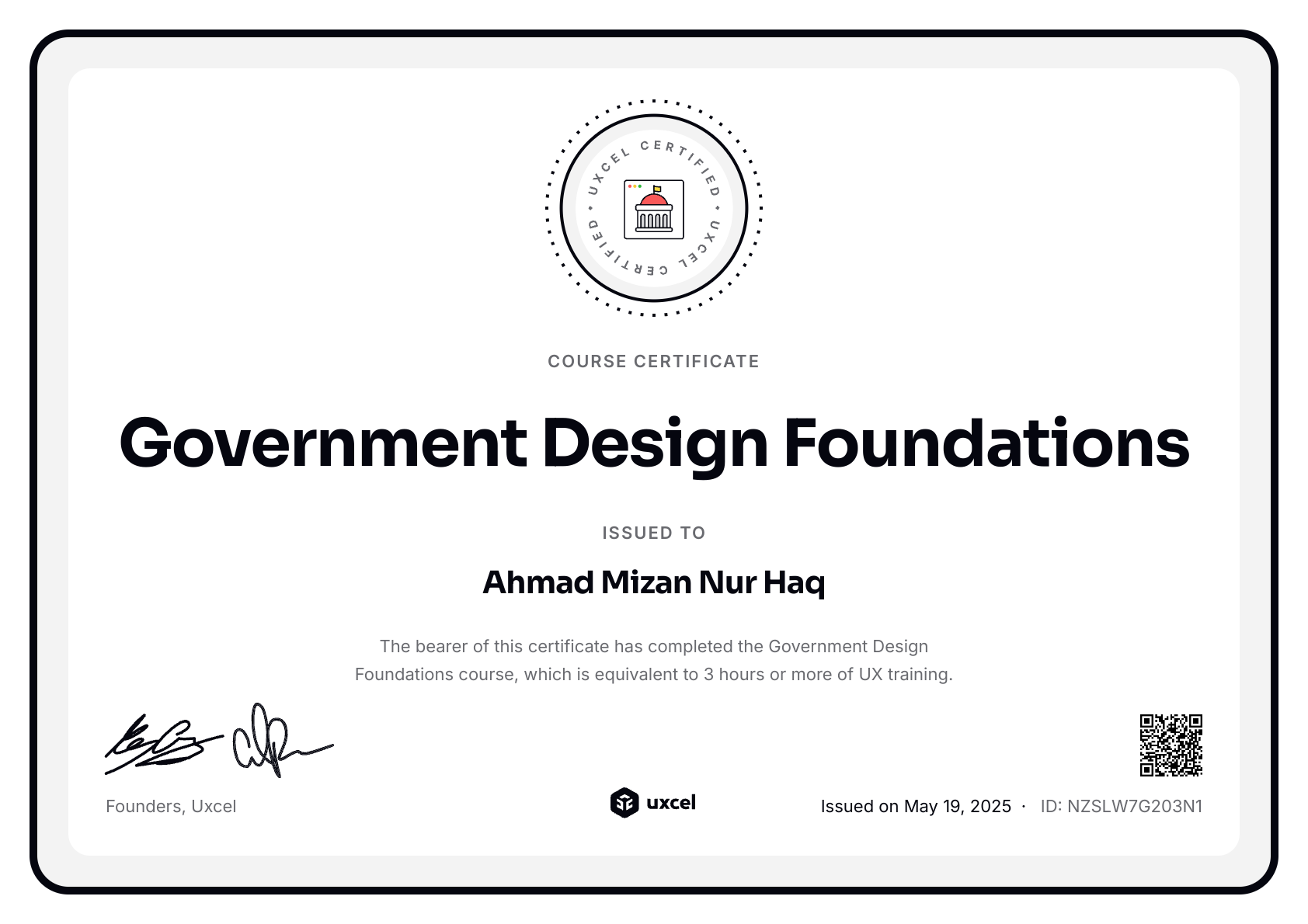 Ahmad Mizan Nur Haq's certificate